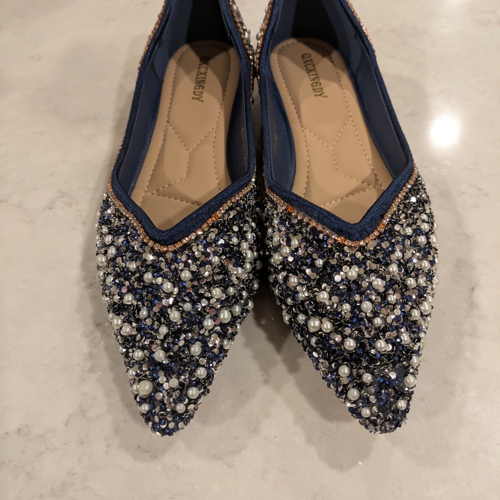 Women's Rhinestone Flats Fashion Pointer Toe Pearl Low Heel Shoes Size 9